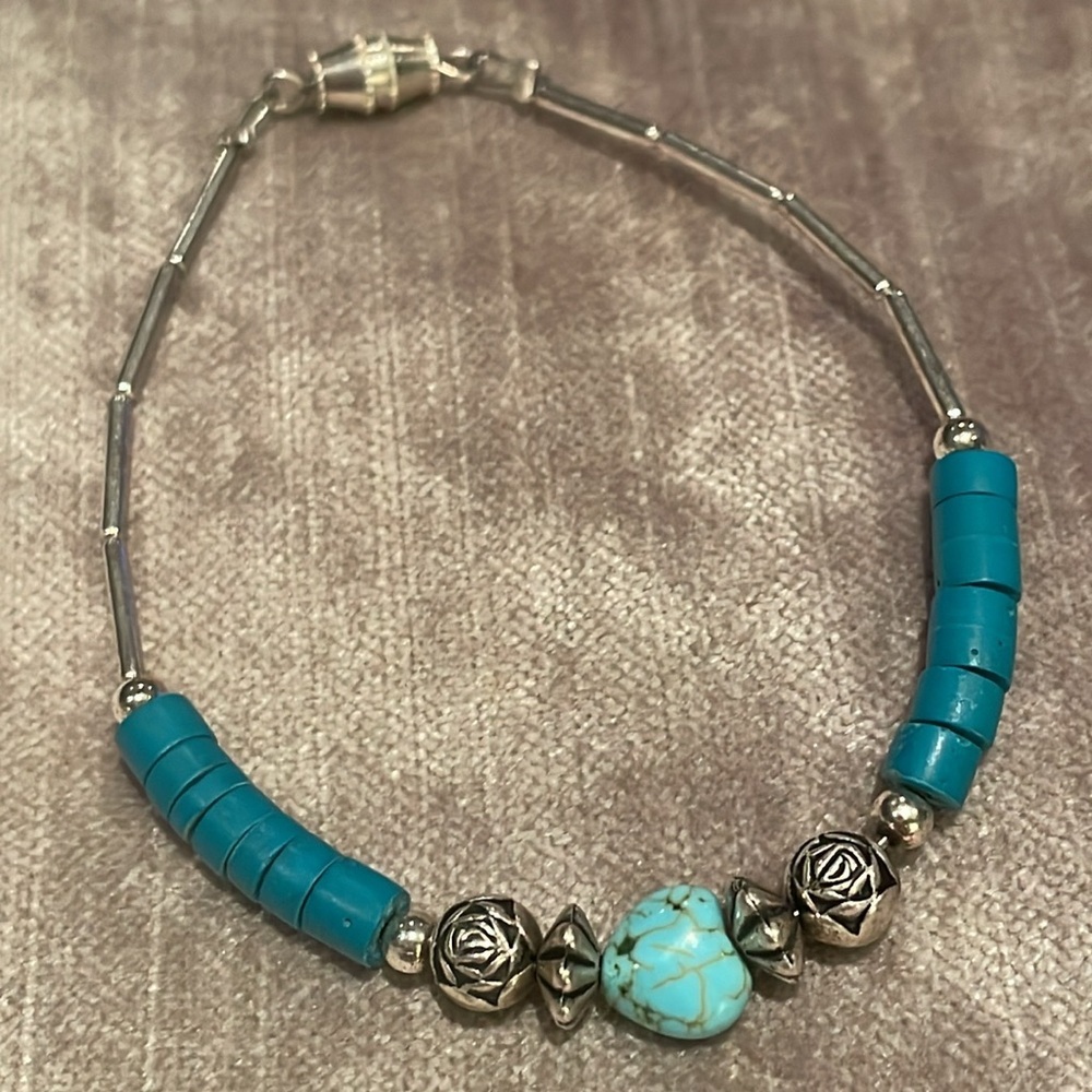 Liquid Sterling Silver Bracelet natural turquoise & Blue beads 7"